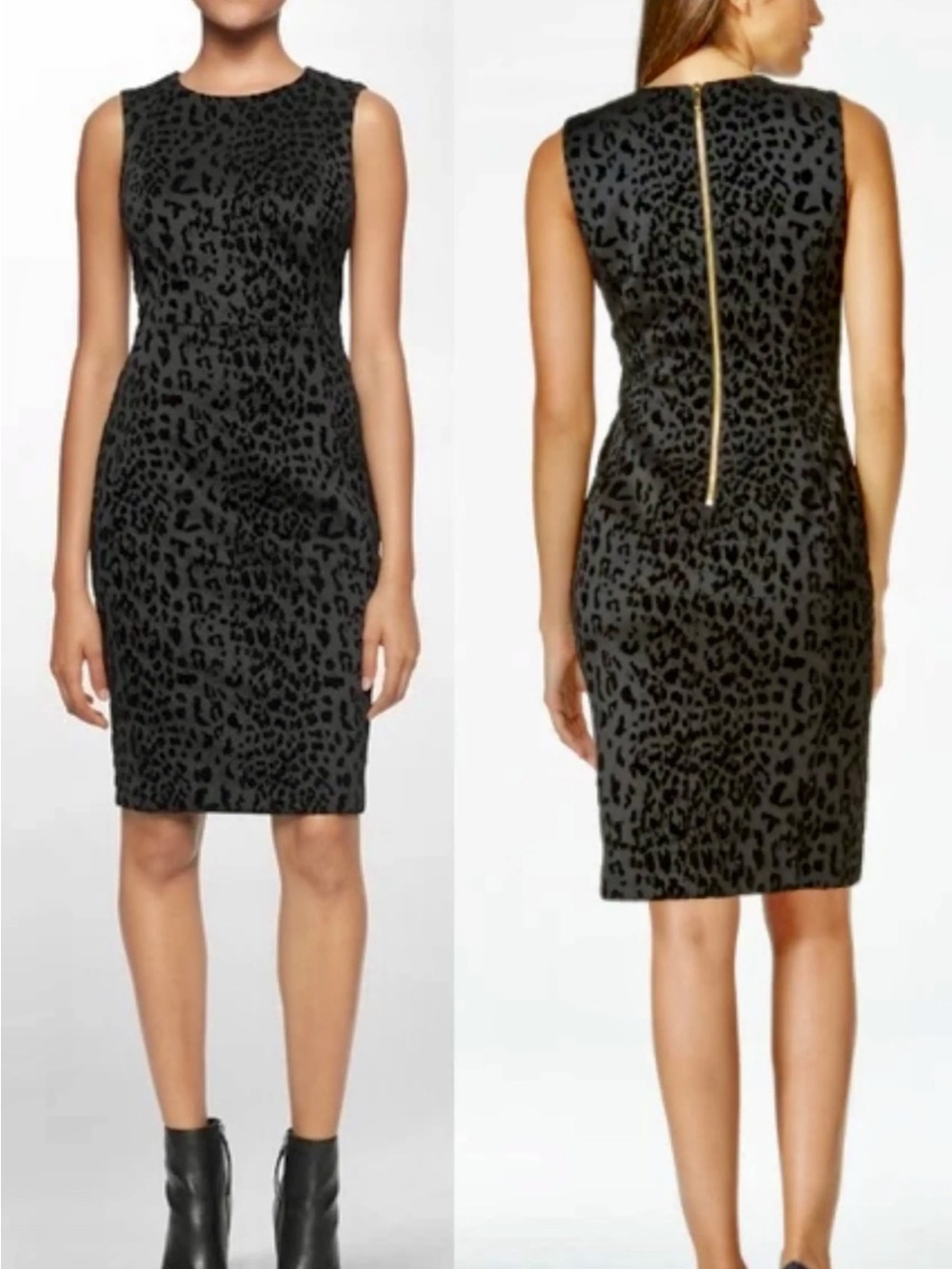 Calvin Klein Black and Charcoal Leopard Print Sheath Dress